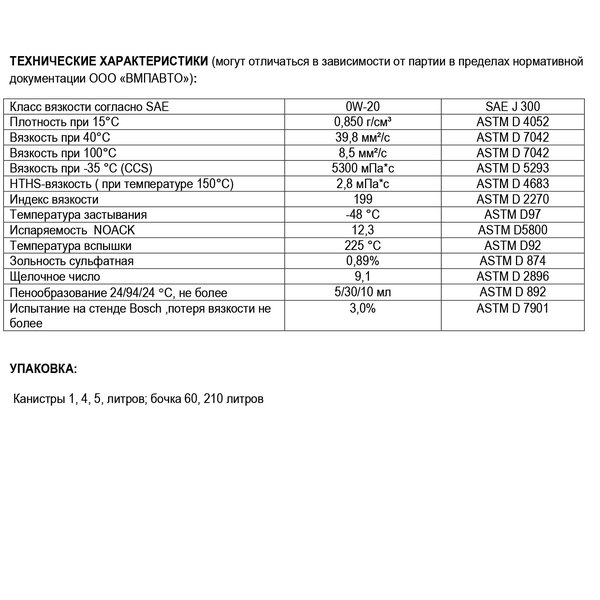 Масло моторное ВМПАВТО Modern 0W-20 GF-6А/SP (4л/3,6кг) (марк.)