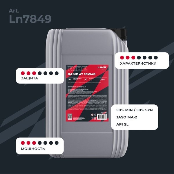Масло моторное LAVR MOTO RIDE BASIC 4T 10W-40 SL (20л/18кг) (марк.)